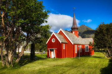 Fototapeta na wymiar Beautiful Flakstad Church on Flakstad Island in Lofoten, Nordland, Norway
