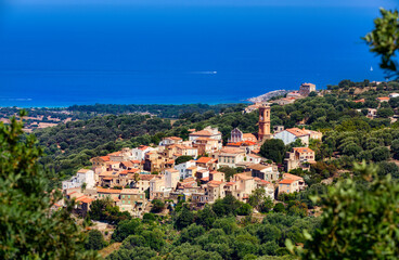 Fototapeta na wymiar View of the Beautiful Corsican Village of Aregno, Set in the Hillside Just off the Mediterranean Coast