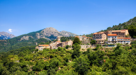 Fototapeta na wymiar The Small Village of Marignana in a Monuntainous Landscape on Corsica, France