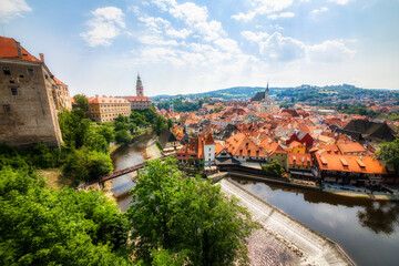 (Beautiful Cesky Krumlov in the Czech Republic, with the Vltava River and the Castle and the Saint...