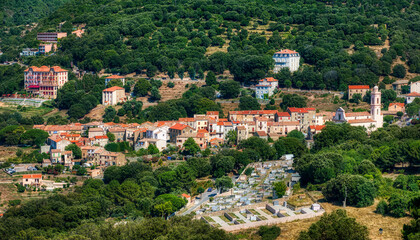 Fototapeta na wymiar View of the Village and Cemetery of Piana on Corsica, France