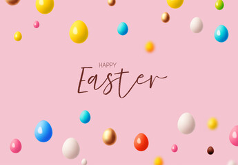 Happy Easter! Holiday background with colorful eggs. Easter eggs on pink background.