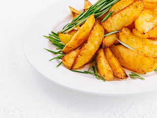 Baked potato wedges with rosemary on plate