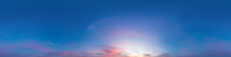 Dark Sunset sky panorama with glowing pink Cirrus clouds. HDR 360 seamless spherical panorama. Full zenith or sky dome in 3D, sky replacement for aerial drone panoramas. Climate and weather change.