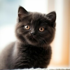 Fototapeta premium Portrait of a black Scottish Fold kitten lying on a sofa beside a window in a light room. Closeup face of a cute little kitty at home. Portrait of a beautiful cat with sleek fur looking at the camera.