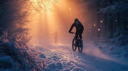 person riding bicycle in a snowy forest
