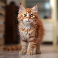 Naklejka na ściany i meble Portrait of a red Siberian Cat kitten looking forward. Portrait of a cute little Siberian Cat kitty with fluffy red fur standing in a light room beside a window. Beautiful small cat at home.