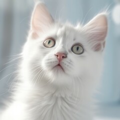 Portrait of a white Norwegian Forest Cat kitten looking up. Closeup face of a small cute  kitty at home. Portrait of a little cat with thick fur sitting in a light room beside a window.