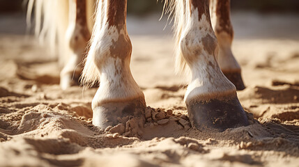 A close-up of a horse's hooves on sandy ground - obrazy, fototapety, plakaty