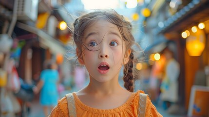 little girl with a surprised expression on her face on a crowded busy city street