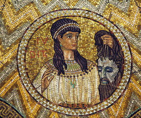 Judith, ceiling mosaic in Church of the Benedictine Abbey of the Assumption, Mount Zion, Jerusalem, Israel - 733018538