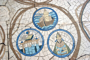 Floor mosaic in front of the Church of the Beatitudes, the traditional place where Jesus gave the Sermon on the Mount, Galilee, Israel - 733018540