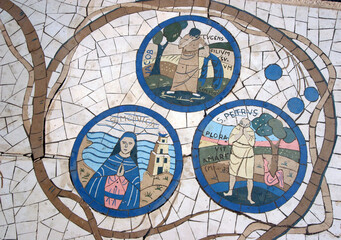 Floor mosaic in front of the Church of the Beatitudes, the traditional place where Jesus gave the...