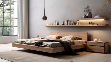 A room with a low-profile, minimalist bed frame and wall-mounted bedside shelves