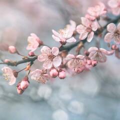 Obraz premium Cherry Blossoms Blooming at the start of Spring - Last days of Winter announcing the new Season of Spring - Sakura Festival Hanami 