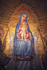 Mosaic of Madonna with child Jesus over a side altar inside the the Church of the Benedictine Abbey of the Dormition, Mount Zion, Jerusalem, Israel 