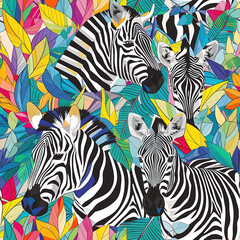 Zebra and tropical leaf Africa cartoon colorful repeat pattern, vibrant bright line art pop art party funky