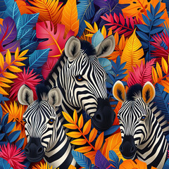 Fototapeta na wymiar Zebra and tropical leaf Africa cartoon colorful repeat pattern, vibrant bright line art pop art party funky