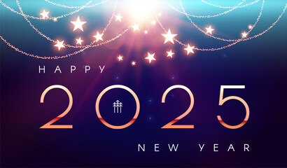 Happy New 2025 Year shining design template with fireworks light effect. Christmas background.