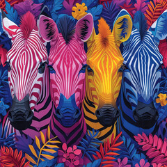 Fototapeta na wymiar Zebra and tropical leaf Africa cartoon colorful repeat pattern, vibrant bright line art pop art party funky