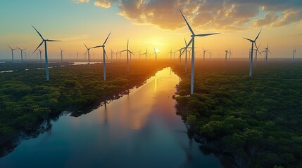 Wind energy: Sustainable, green energy from wind, sun and water. Wind farms and wind turbines for a green energy future. - obrazy, fototapety, plakaty