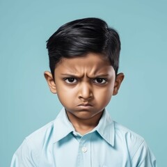 Portrait of an angry Indian little boy with stylish black hair. Closeup face of a furious Indonesian child on a blue background looking at camera. Front view of an outraged kid in a blue shirt. - obrazy, fototapety, plakaty