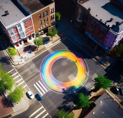 abstract circular pedestrian crosswalk in the center of a road intersection painted in rainbow colors. view from above
