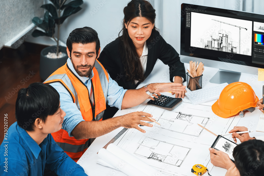 Poster diverse group of civil engineer and client working together on architectural project, reviewing cons