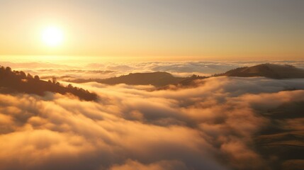 Fototapeta na wymiar Serene Dawn Light Bathes Misty Rolling Hills in Warmth
