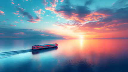 A train is traveling down the tracks, passing by the ocean, during a beautiful sunset. The sky is...