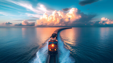 A train is traveling down the tracks, passing by the ocean, during a beautiful sunset. The sky is filled with clouds . The ocean is calm and serene, with small waves lapping at the shore.  - obrazy, fototapety, plakaty