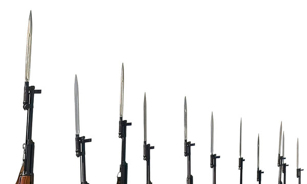Bayonets on military rifles on a white background.
