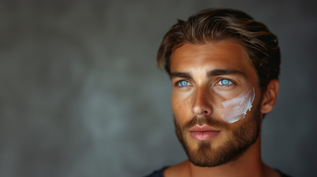 Portrait, Man Putting Cream On His Chin On A Grey Studio Background, Skin Cacre