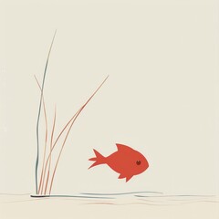 A minimalistic depiction of a fish in the water, introducing aquatic life. 