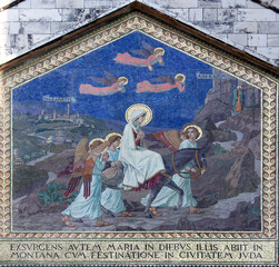 Mosaic adorning the front of the Church of Visitation, depicting the scene of Mary's visit to...