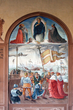 Battle of Lepanto, fresco in the Franciscan church of the Visitation in Ein Karem, Jerusalem, Israel on October 05, 2006