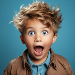 Portrait of a surprised little boy with open mouth and big eyes. Closeup face of a shocked Caucasian kid on a blue background looking at camera . Front view of amazed European child in casual clothes. - 733021111