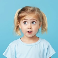 Portrait of a surprised little girl with big eyes and an open mouth looking to the side. Closeup face of an amazed Caucasian child on a blue background. Astonished  European kid in a blue shirt.