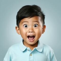 Obraz na płótnie Canvas Portrait of a surprised little Asian boy with open mouth and big eyes. Closeup face of a shocked Chinese kid on a blue background looking at camera . Front view of amazed Japanese child in blue shirt.