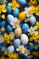 Spring flowers bouquet. Happy Easter background. Ukrainian blue and yellow Easter eggs and sweets.