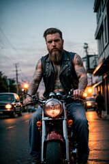 Fototapeta na wymiar A rugged biker motorcycle gang member with tattoos and leather jacket looking dangerous
