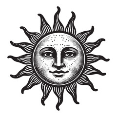 Fototapeta premium Sun with a face. Vintage engraving illustration. Icon, logo, emblem. Isolated object. Black and white. Outline vector illustration 