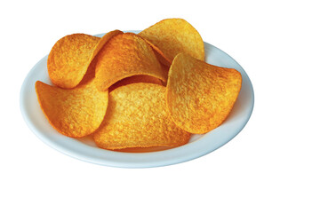 Round crispy potato chips on a white background
