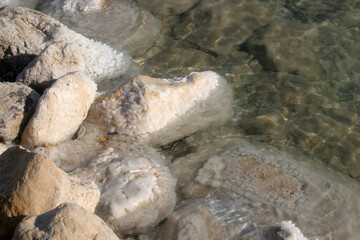 Crystallized salt rocks along the shores of the Dead Sea, Israel - 733021973