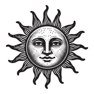 Sun with a face. Vintage engraving illustration. Icon, logo, emblem. Isolated object. Black and white. Outline vector illustration	