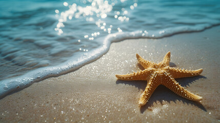 Fototapeta na wymiar A starfish is on the sand of a beach, with the sun shining on the water in the background.