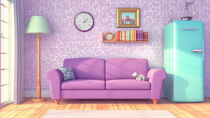 Purple sofa in living room. 3D illustration. Interior.