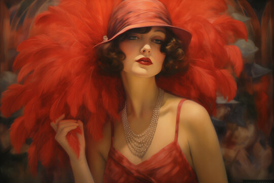 digital portrait of a 1920s flapper woman in a red hat and feathers