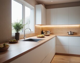 Fototapeta na wymiar Modern kitchen interior in a minimalist eco-style. AI generation