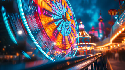 Ferris wheel at a carnival, spinning at night. The wheel is illuminated with blue and red lights, creating a motion blur effect. The background features a dark blue sky with bright stars and red light - obrazy, fototapety, plakaty
